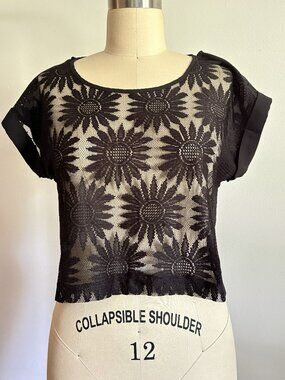 MINE Black Sunflower Lace Crop Top – Sheer Floral Mesh Tee